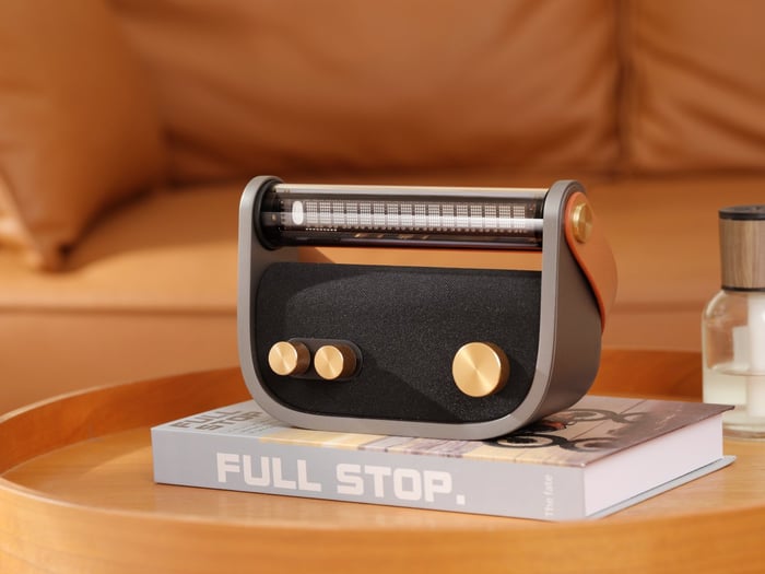 Luna Audio speaker handbag side view with fabric and brass accents