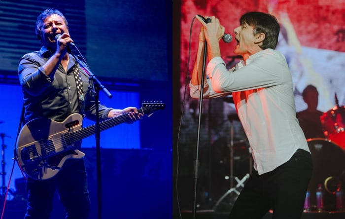 Two side-by-side photos showing the raw power of Manic Street Preachers (left) and Suede (right) live on stage.
