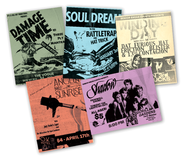 Show flyers for the bands both real and imagined in Mike McCready’s “Farewell to Seasons.”
