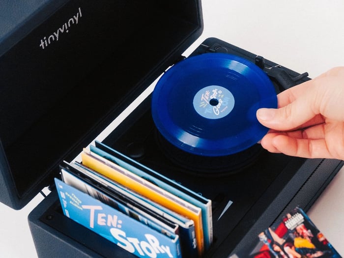 The Tiny Vinyl Player in action, spinning those tiny treasures.