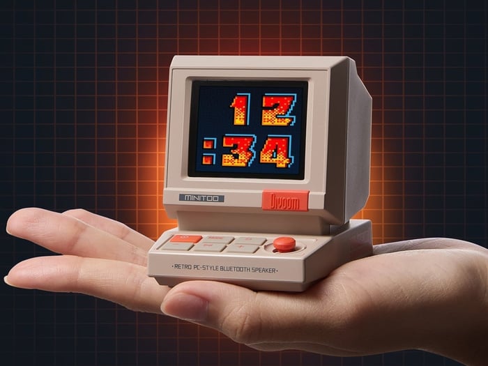 Palm-sized retro PC style speaker and alarm clock