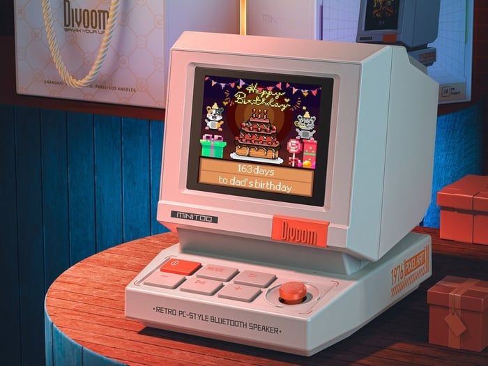 Side view of compact pixel art Bluetooth speaker