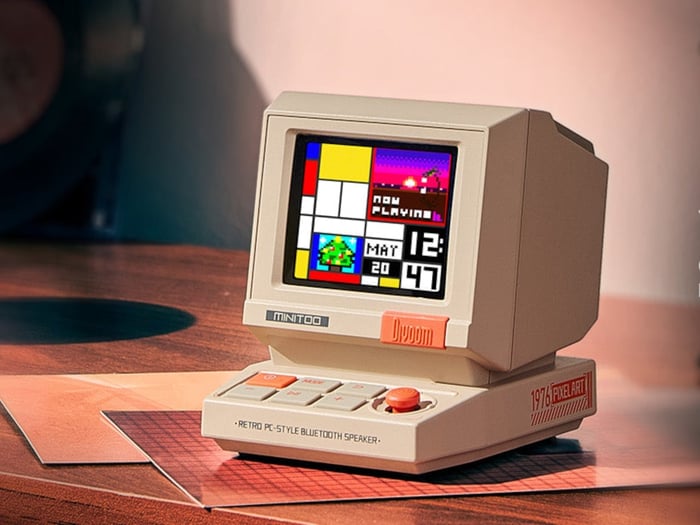 MiniToo retro pixel art speaker and alarm clock on desk