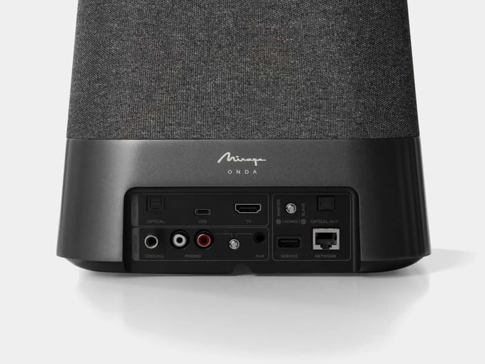 Mirage Onda speaker suspended on aluminum pillars