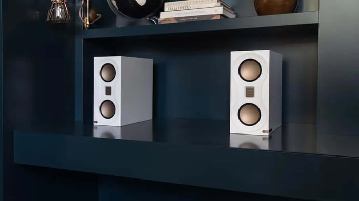 Monitor Audio Studio 89 speakers in the stunning new glossy white finish.