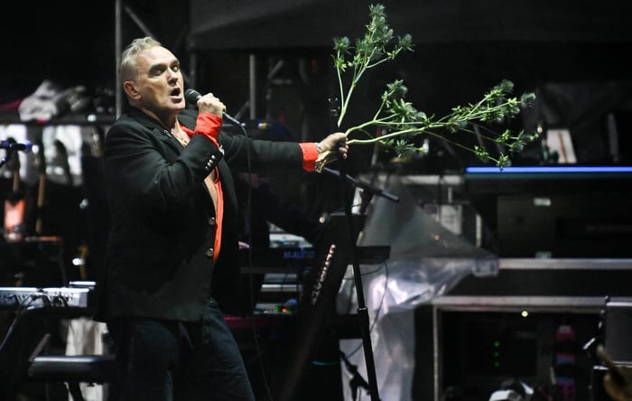 Morrissey passionately performing live on stage in 2025