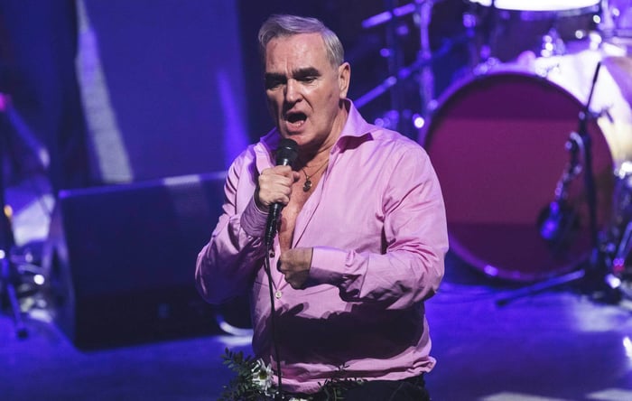 Morrissey performing live on stage in 2026