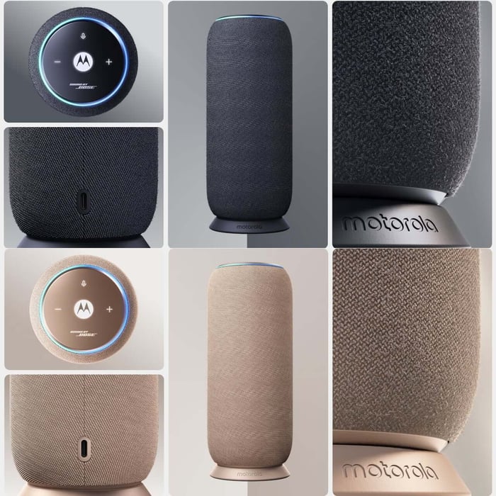 Two moto sound flow speakers shown with music flow concept