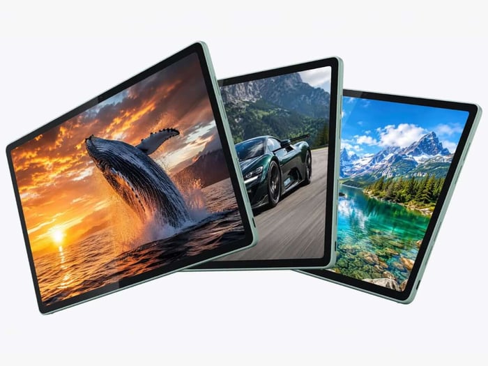 Side view highlighting the tablet's speaker grills