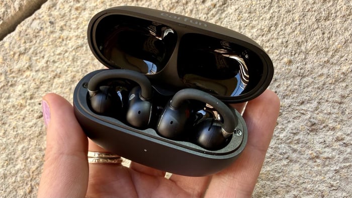 Close-up of Earfun Clip 2 earbuds showing clip-on design
