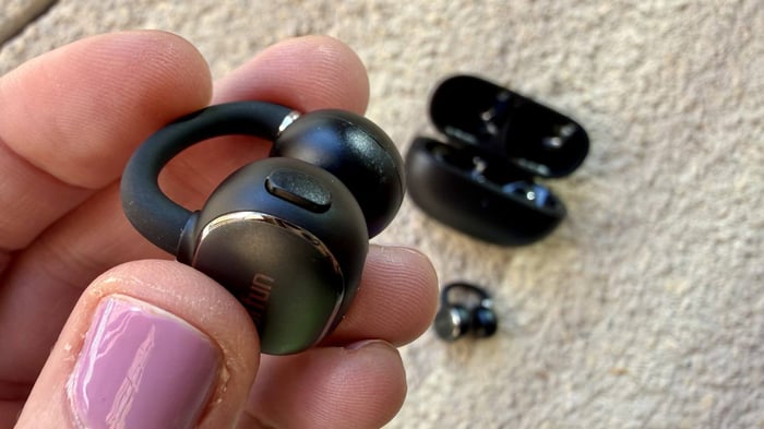 Earfun Clip 2 buds with charging case close-up