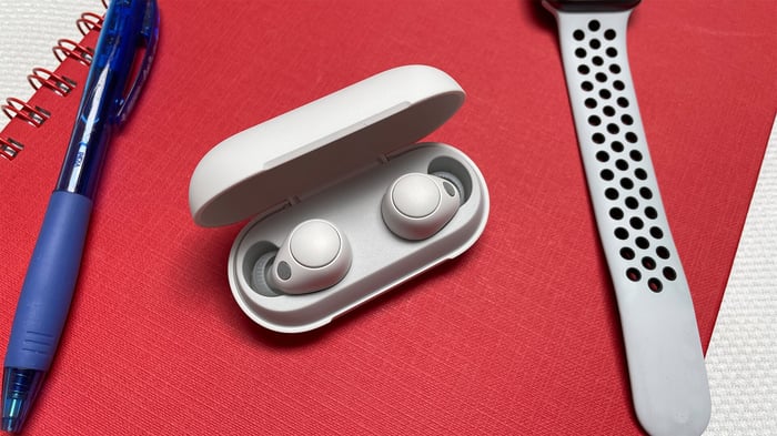 Sony WF-C700N earbuds on a table