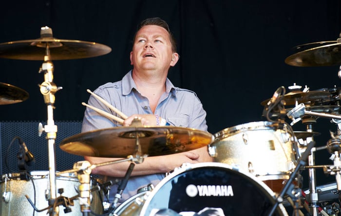 Nick Banks on drums with tribute band Pulp’d at Sheffield's Fake Festival.