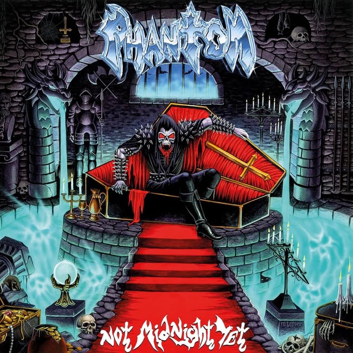 Phantom Not Midnight Yet album cover with dark, ominous horror-metal styling