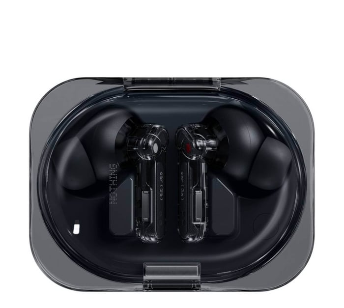 Charging case and earbuds close-up