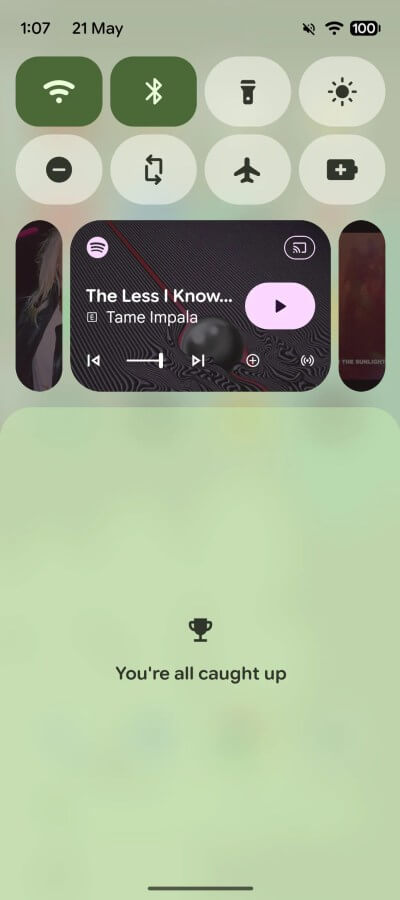 New Android 17 media player panel in the notification shade — cards over carousel