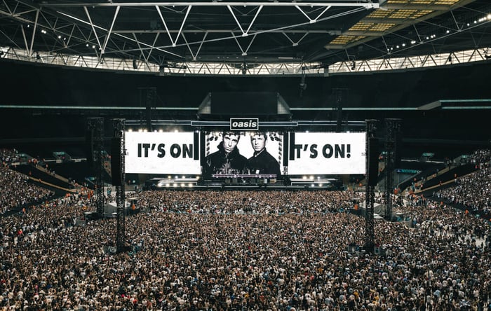 Oasis performing live in London’s Wembley Stadium