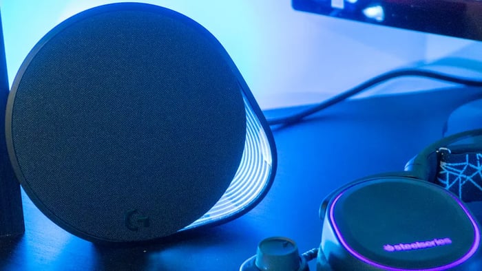 Close-up of Logitech G560 RGB lighting on speakers