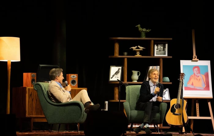 Paul McCartney and Rob Brydon in conversation at The Roundhouse, London. Credit: Ben Gibson