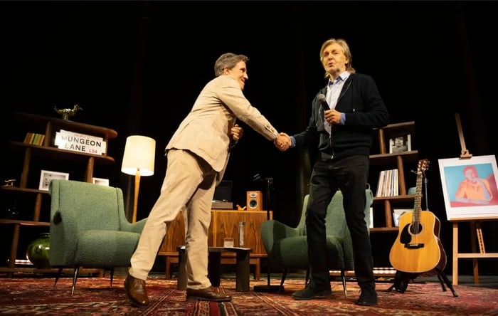 Paul McCartney and Rob Brydon in conversation at The Roundhouse, London. Credit: Ben Gibson