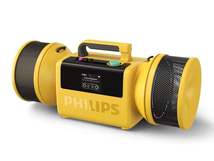 The Roller speaker displaying its colorful and chunky design