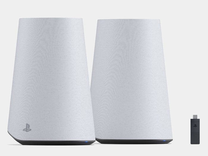 Side profile showing the speakers’ elegant shape and tilted stance