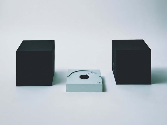 Turntable upright, showing its minimalist design