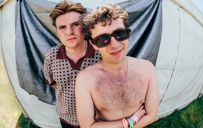 Eddie Green and Charlie Steen of Shame at Glastonbury 2023, photo by Andy Ford