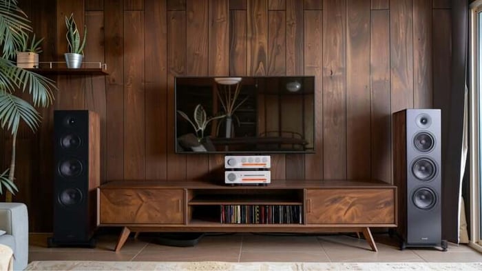 The Elegan 2 floorstanding speaker, boasting a powerful three-way system for deep, immersive sound.