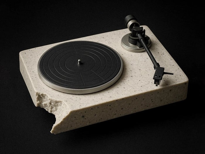 RA84 turntable and speakers with brutalist aesthetic