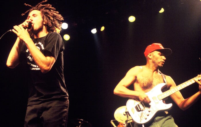 Zack De La Rocha and Tom Morello performing with Rage Against The Machine in 1996