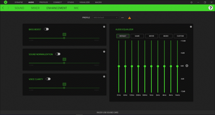 Razer Synapse software provides extensive customization for sound and mic settings.