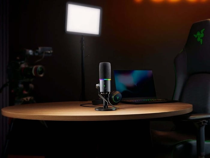 The microphone showing the subtle RGB lighting ring