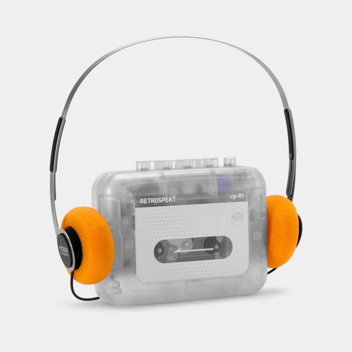 Side view of CP-81 cassette player highlighting minimalist branding