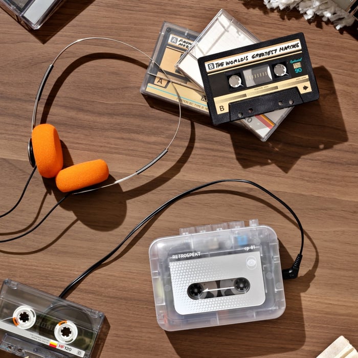 Retrospekt CP-81 portable cassette player with tape and headphones