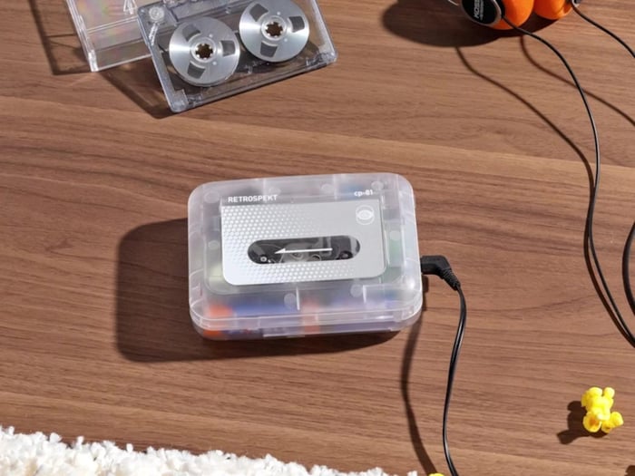 Close-up of CP-81 cassette player with clear plastic casing