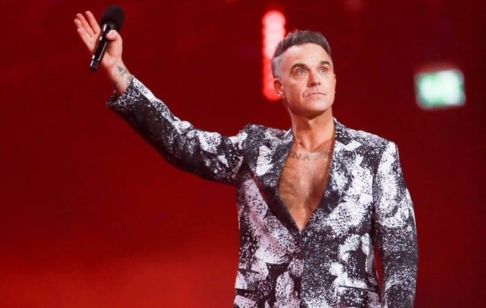 Robbie Williams performing at the 2026 BRIT Awards