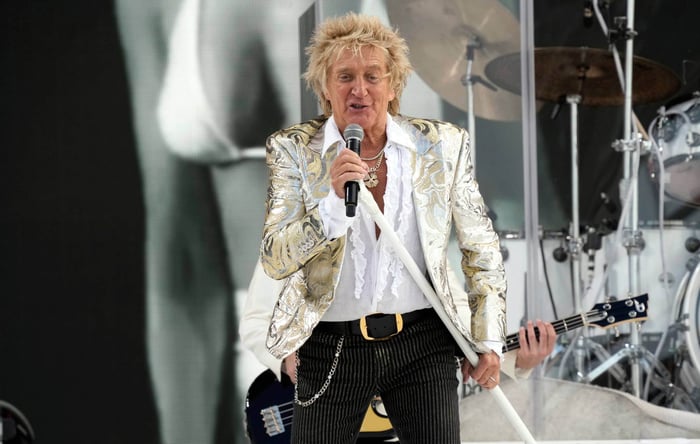 Rod Stewart live on stage, performing with passion