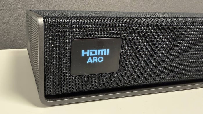 Soundbar front view highlighting LED light effects