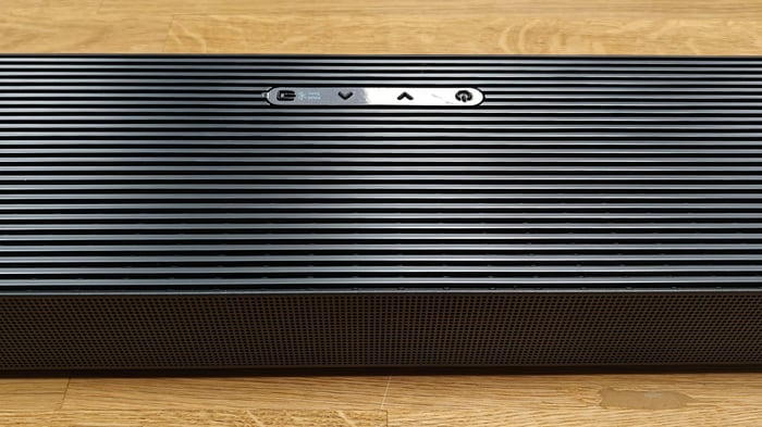 Detail of the soundbar’s upper grille highlighting speaker placement