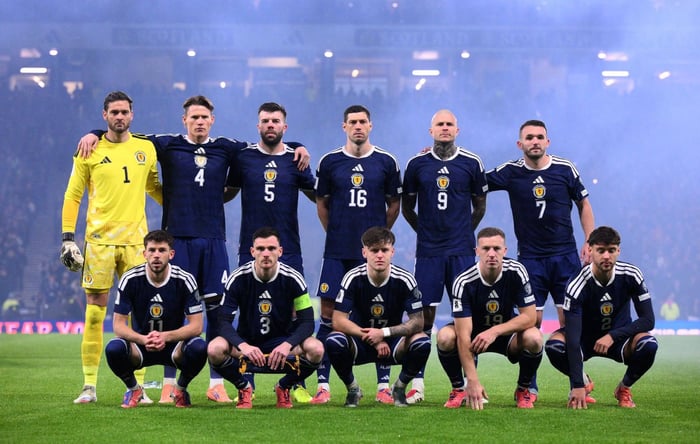 Players of Scotland pose for a team photograph during the FIFA World Cup 2026 qualifier match between Scotland and Denmark at Hampden Park in Glasgow