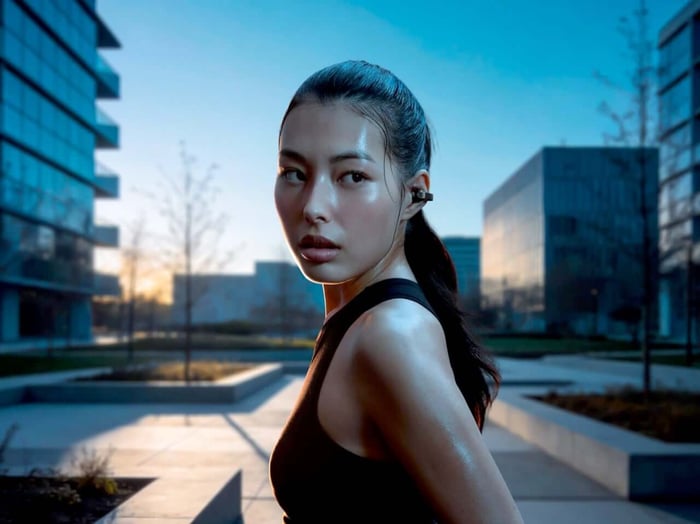 Earbuds shown with their flexible bridge design