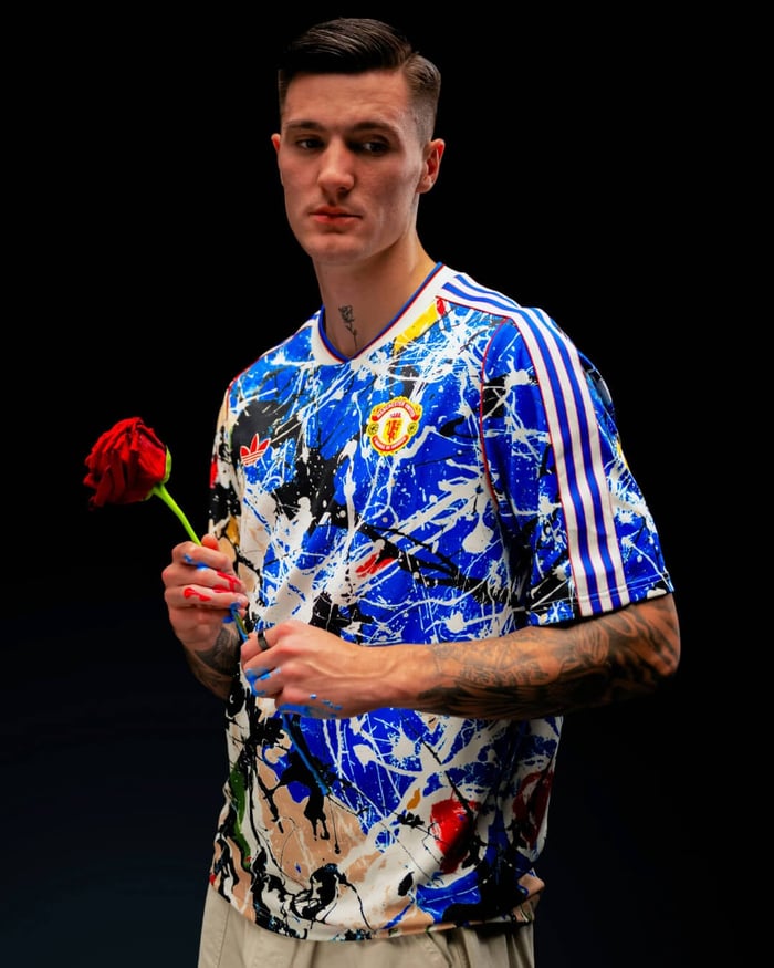 Benjamin Šeško of Manchester United in The Stone Roses Adidas collection photoshoot.