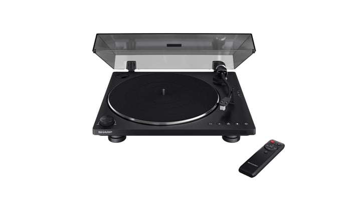 Close-up of the Sharp RP-TT100’s stylish tonearm and platter