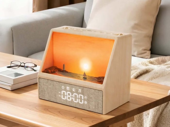 Close-up of SOLUME Sunrise Alarm Clock's warm glowing seascape and wood-grain finish