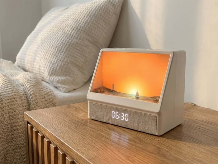 Side view of the glowing miniature coastal scene during sunset mode