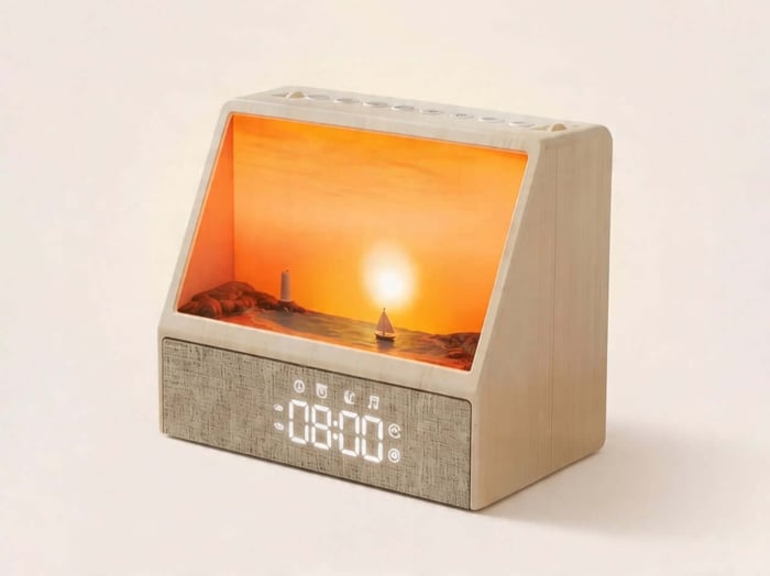 Fabric grille speaker and clock display on SOLUME base
