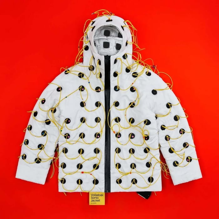 Close-up of jacket hood with speakers