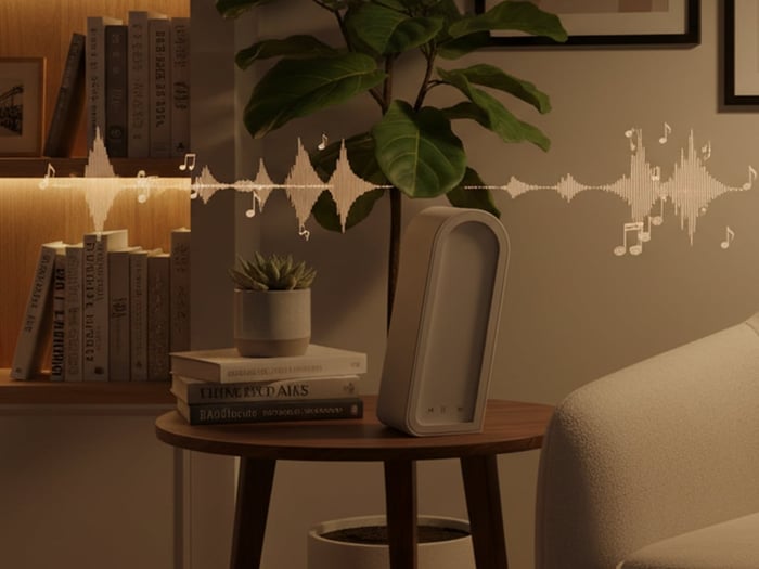 Sonique speaker blending into home settings with soft lighting and fabric finish