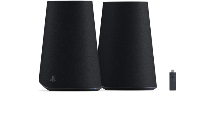 Sony Pulse Elevate speakers positioned beside a PlayStation console, emphasizing their gaming focus